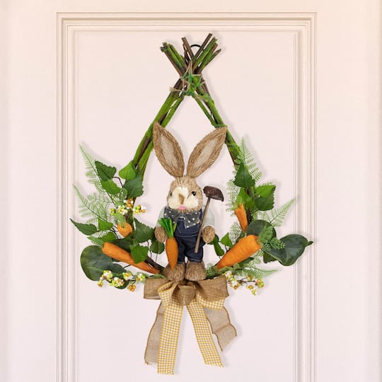 22" Green & Orange Farmer Bunny Moss Vines Teardrop Easter Wreath